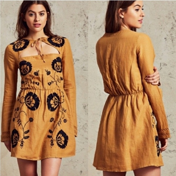 Tularosa Dresses & Skirts - Revolve Tularosa Keelan Linen Long Sleeve Embroidered Mini Dress Curry Yellow XS